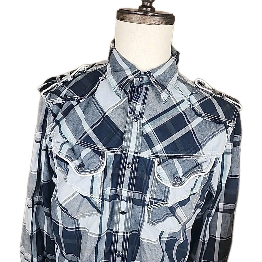BKE Western Pearl Snap Shirt Mens M Gray Blue Plaid Long Sleeve Athletic Fit
